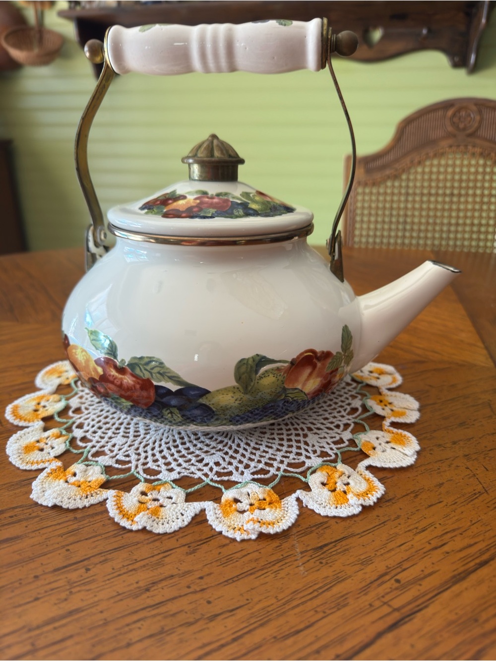 Vintage Regency Emanel Floral Ceramic Teapot with Brass Handle - White Base